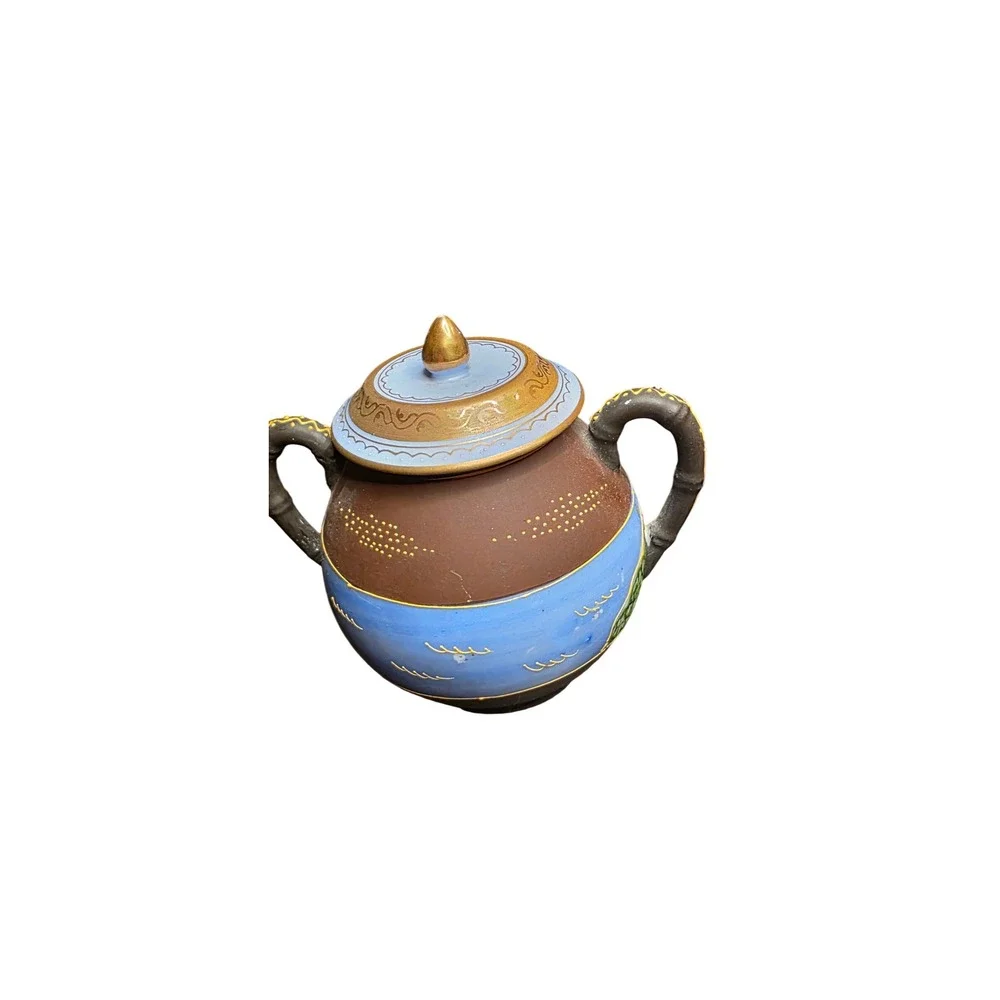Tea Set Japanese Satsuma Moriage Antique 5pc Immortal Figures Brown Blue Gold